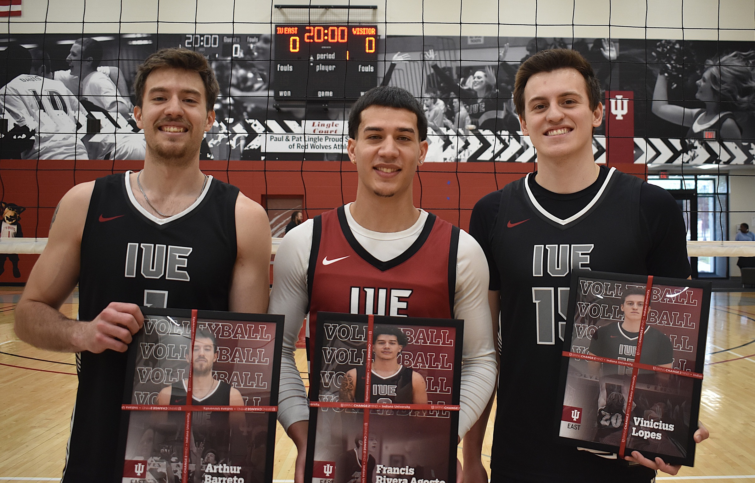 IU East's Arthur Barreto, Francis Rivera Agosto and Vinicius Lopes were honored during Senior Day for men's volleyball on April 11.
