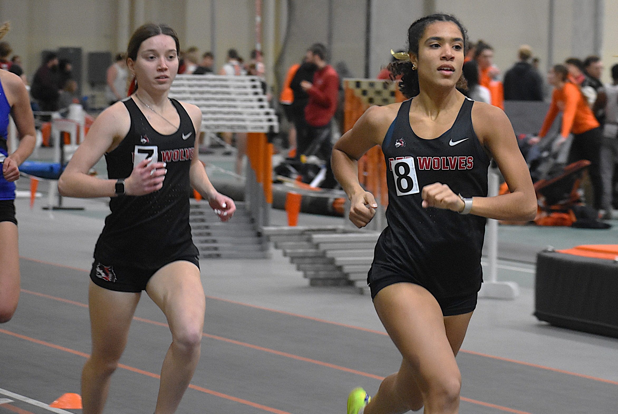RSC Indoor Track Runner of the Week Kayci Hill (R) and Emily Fleming (L) run in the women's mile at Ohio Northern on Jan. 16, 2025.